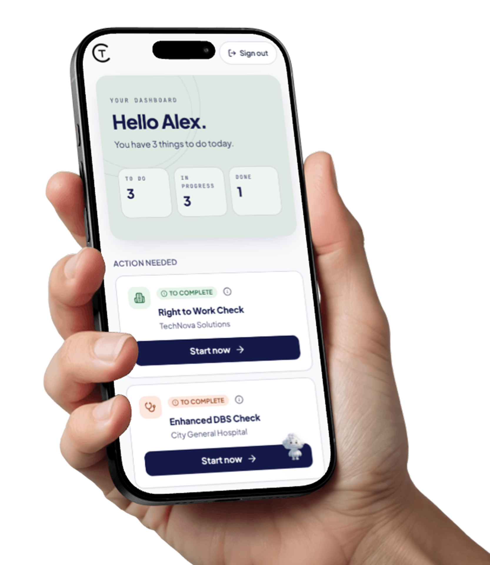 Hand holding phone showing TalentClouds candidate dashboard